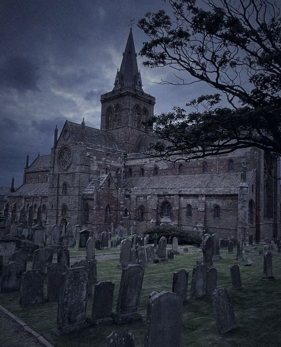 St Magnus Cathedral in Kirkwall at nightfall, seen across its kirkyard of old leaning headstones, with a windswept tree to one side.